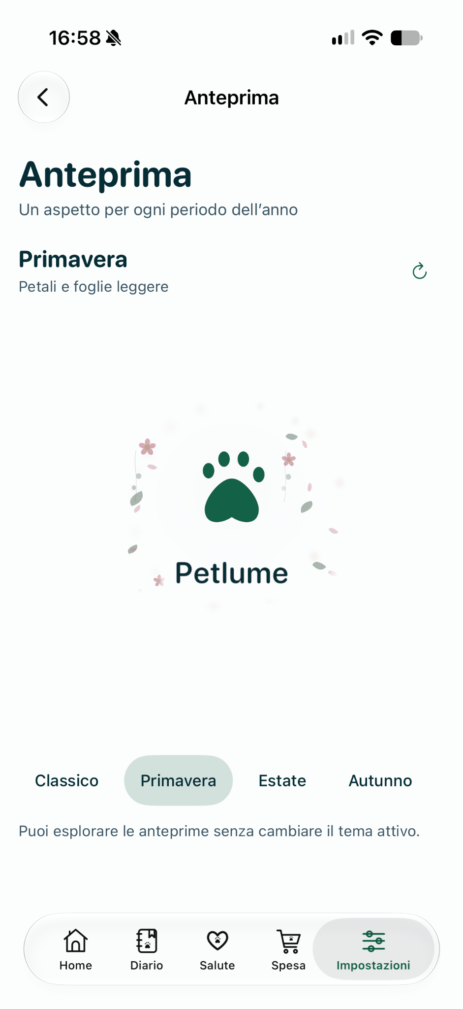 Screenshot originale Petlume: anteprima tema Spring